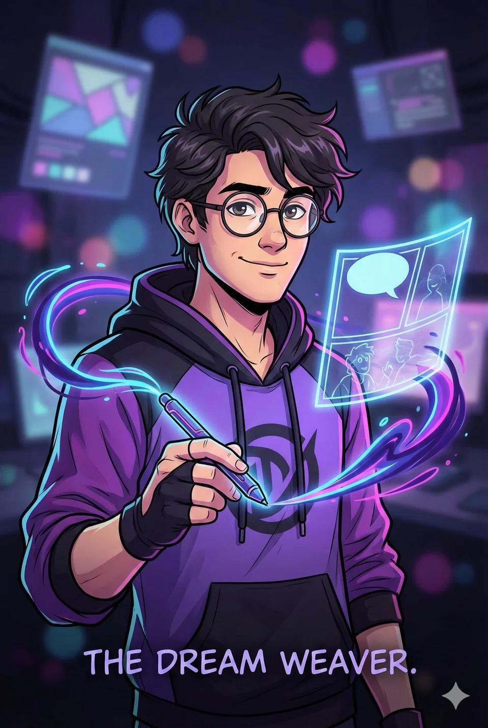 DreamWeaver’s illustrated avatar, drawing glowing comic panels with a digital pen