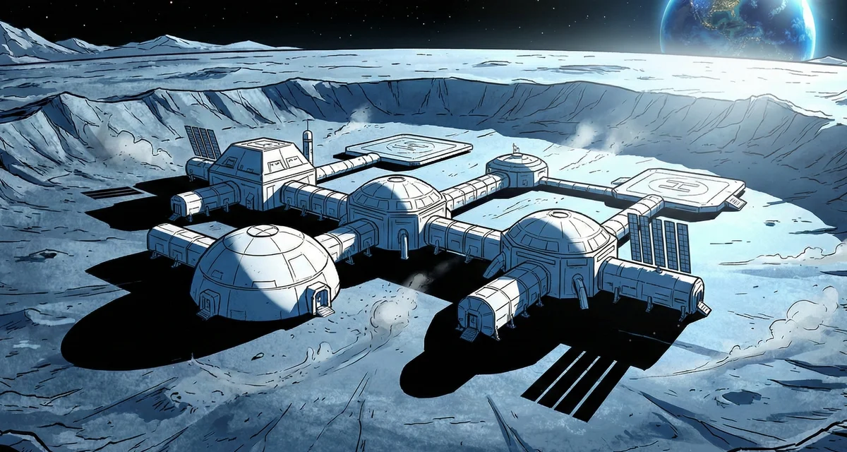 Lunar Reshaping cover: the domes of Artemis-7 lunar station in a moon crater with Earth rising on the horizon.